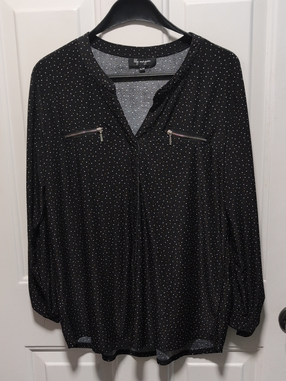 ny way Black Dot-Print Zip-Pocket Blouse
